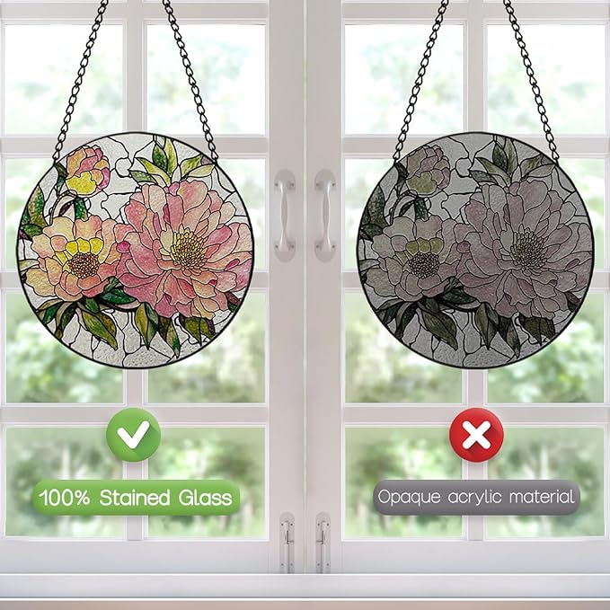 Stained Glass Window Hanging, 8 Inch Peony Suncatcher, Floral Sun Catchers Indoor Window, Pink Flower Suncatchers for Windows Spring Home Garden Decor Panel, Mothers Day Birthday Gifts for Mom Grandma