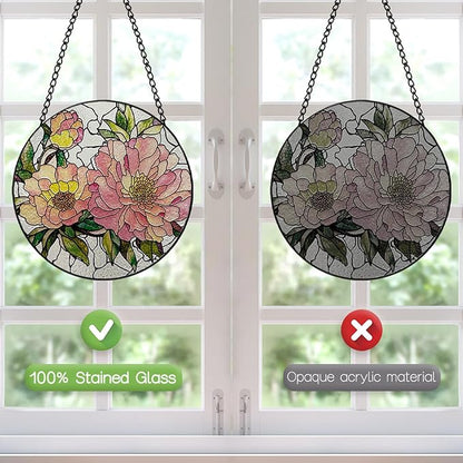 Stained Glass Window Hanging, 8 Inch Peony Suncatcher, Floral Sun Catchers Indoor Window, Pink Flower Suncatchers for Windows Spring Home Garden Decor Panel, Mothers Day Birthday Gifts for Mom Grandma