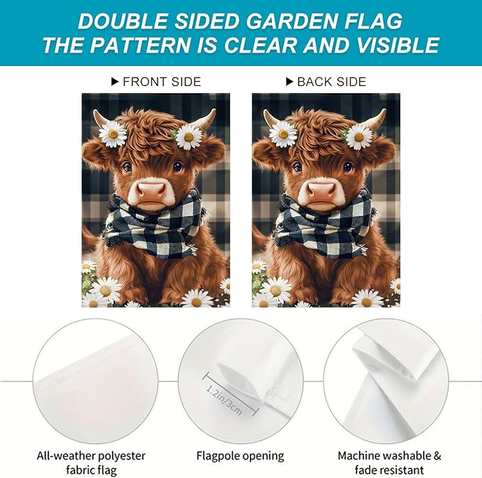BlissYard Highland Cow Garden Flag 12x18 Inch Double Sided Plaid Daisy Yard Flags Floral Cow Farmhouse Flag Adorable Farm Animal Outdoor Decoration for Seasonal Summer Spring Yard Decor