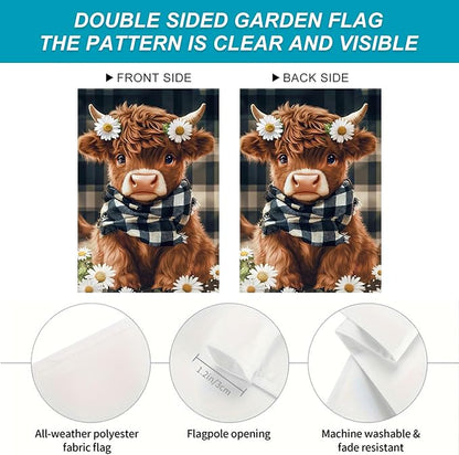 BlissYard Highland Cow Garden Flag 12x18 Inch Double Sided Plaid Daisy Yard Flags Floral Cow Farmhouse Flag Adorable Farm Animal Outdoor Decoration for Seasonal Summer Spring Yard Decor