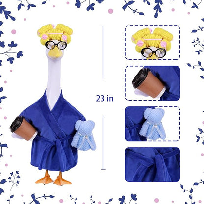 Lady Porch Goose Outfits,Bathrobe Porch Goose Statue Costume with Curlers Reading Glasses Coffee Cup Towel,Cute Goose Clothes for 23-Inch Cement or Plastic Statue,Lawn Yard Garden Patio Decor(Purple)