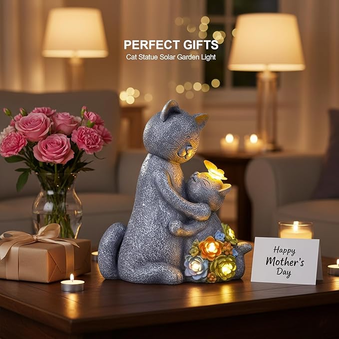 Candieslife Solar Garden Statues Loving Cat Figurine Lights for Outside, Yard Decorations Outdoor, Garden Decor Unique Mothers Day Birthday Housewarming Gifts for Mom, Women, Lover
