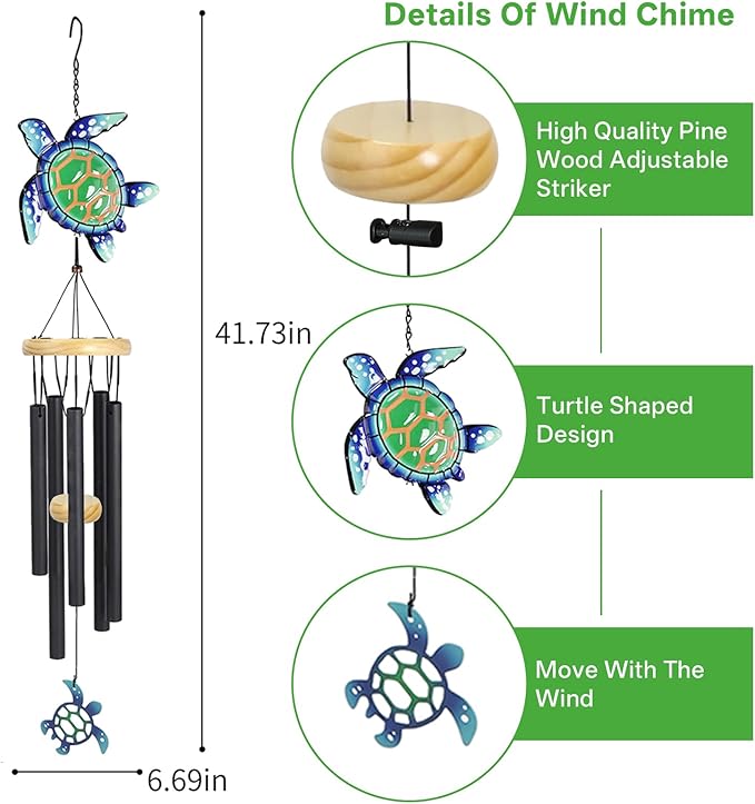Wind Chimes for Outside Metal Aluminum 41.7" Inches Wind Chime with Turtle Outdoor Decor Large Unique Wind Chimes for Festivals/Birthday for Mom Dad Grandma Home Garden Patio Decor