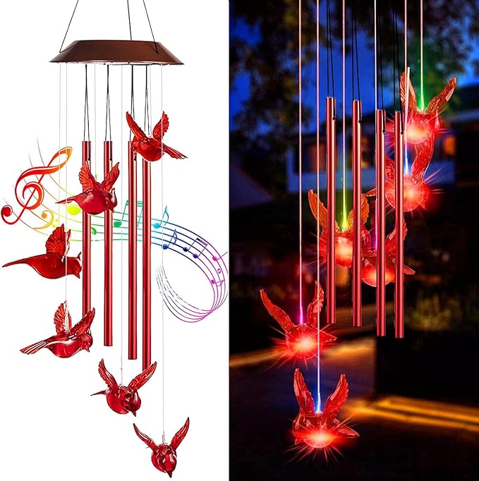Cardinal Solar Wind Chimes for Outside, Solar Powered Chime Light, Cardinal Wind Chimes for Loss of Loved One,LED Windchimes Outdoor Cardinal Gifts for Home Garden Decor