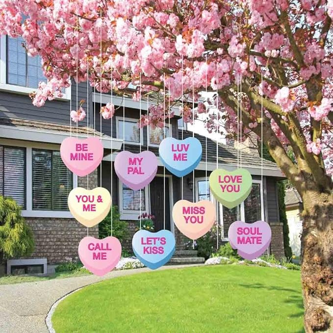 VictoryStore Valentine's Yard Decorations Hanging Candy Hearts, Outdoor Valentine's Day Decorations, 12372 Set of 9 Corrugated Plastic Hearts
