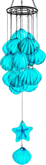 Stained Glass Wind Chimes for Outside,Handmade Large 25 inch Memorial Windchimes Outdoor,Sea Glass Decor for Patio Garden Balcony Porch (Shell & Starfish)