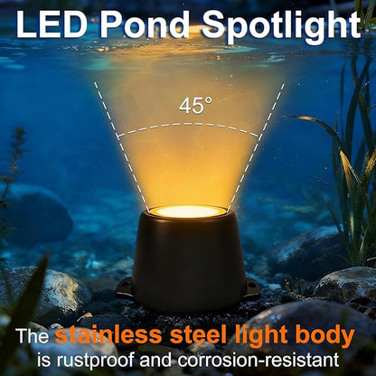 Submersible LED Lights, 2200K Amber Warm White, 5W 12V-24V AC/DC LED Pond Spot Lights for Water Feature Fountain Waterfall Pool Aquascape, 45 Degree Angle, IP68, Stainless Steel, 1PK