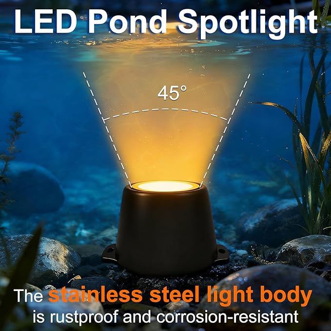 Submersible LED Lights, 2200K Amber Warm White, 5W 12V-24V AC/DC LED Pond Spot Lights for Water Feature Fountain Waterfall Pool Aquascape, 45 Degree Angle, IP68, Stainless Steel, 6PK