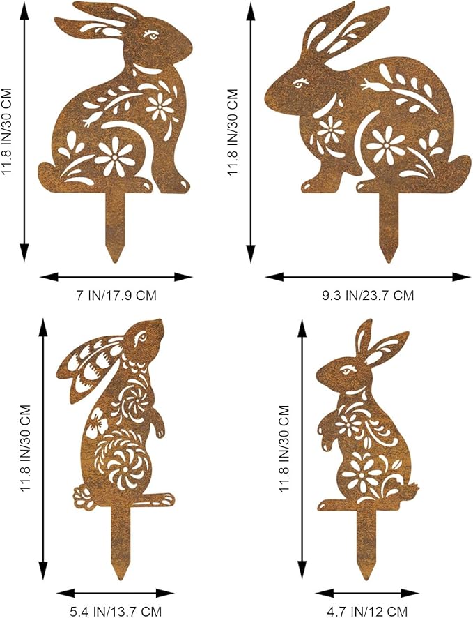 4 Pcs Metal Rabbits Garden Statues, Metal Rusty Yard Art Animals Garden Stakes Rabbit Silhouette,Rabbits Yard Art, Flowerbed Decoration, Outdoor Decor