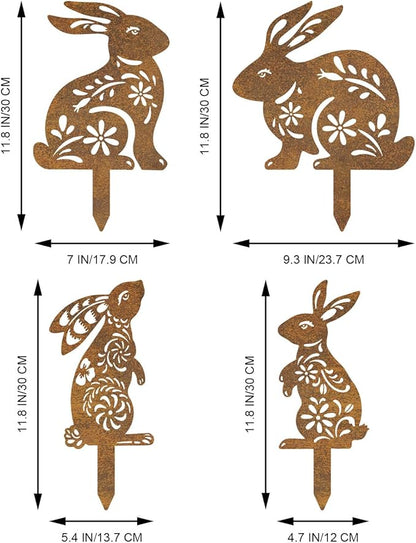 4 Pcs Metal Rabbits Garden Statues, Metal Rusty Yard Art Animals Garden Stakes Rabbit Silhouette,Rabbits Yard Art, Flowerbed Decoration, Outdoor Decor
