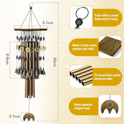 Wind Chimes for Outside, 30"Memorial Wind Chimes with 24 Copper Tubes and 16 Copper Bell for Garden,Patio,Window Wind Chime Hanging Decoration,Bronze Memorial Sympathy Wind Chime Gifts for Mom