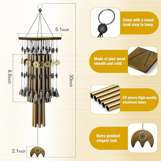 Wind Chimes for Outside, 30"Memorial Wind Chimes with 24 Copper Tubes and 16 Copper Bell for Garden,Patio,Window Wind Chime Hanging Decoration,Bronze Memorial Sympathy Wind Chime Gifts for Mom