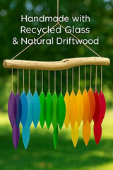 Rainbow Glass Wind Chime, Large 20″ – Multicolor Sandblasted Recycled Glass & Driftwood Coastal Hanging Chime for Porch, Patio & Home