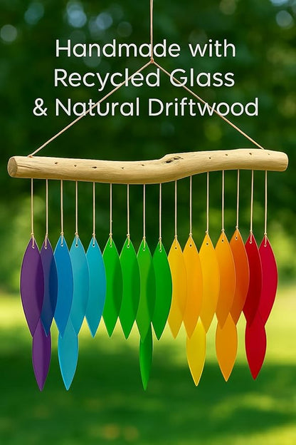 Rainbow Glass Wind Chime, Large 20″ – Multicolor Sandblasted Recycled Glass & Driftwood Coastal Hanging Chime for Porch, Patio & Home