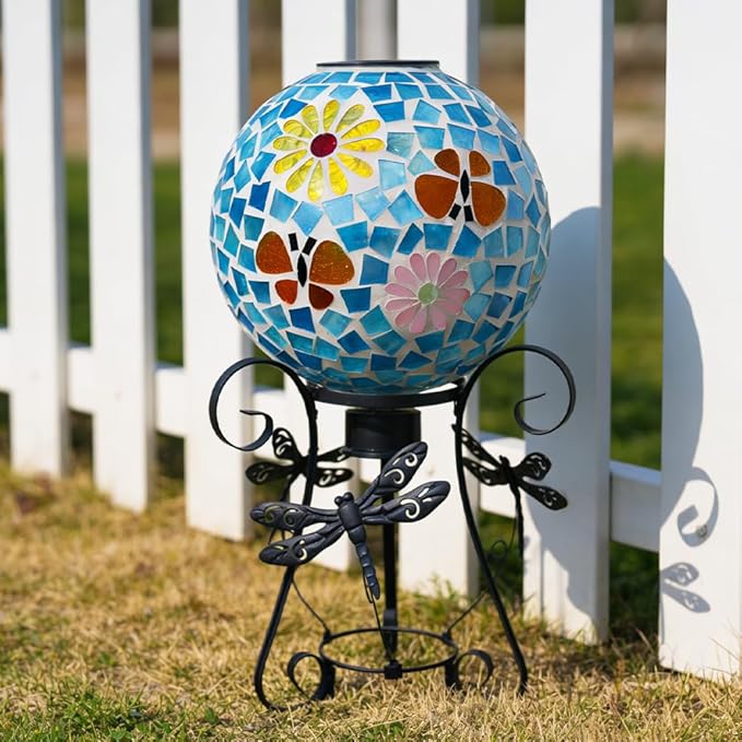 Stargarden Solar Gazing Ball, 10”Glass Gazing Globe, Mosaic Gazing Balls with Metal Ball Stand for Patio, Lawn, Garden Decor