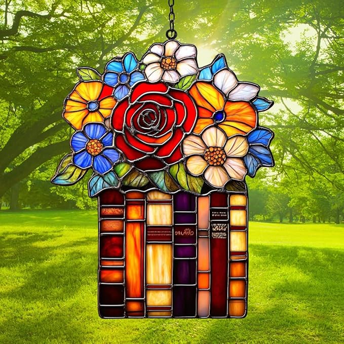 Red Rose Flowers Books Acrylic Suncatcher Stained Glass Effect Window Car Hanging Christmas Ornament Indoor Outdoor Decor Garden Sun Catcher Panel for Book Lover for Women Mom Grandma