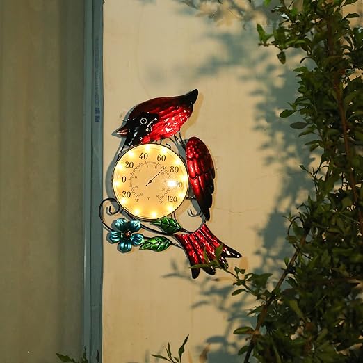 MUMTOP Outdoor Thermometer for Patio - Indoor Outdoor Wall Thermometer with Solar LED Light Cardinal Design - Decorative Temperature Gauge for Home or Garden Decor