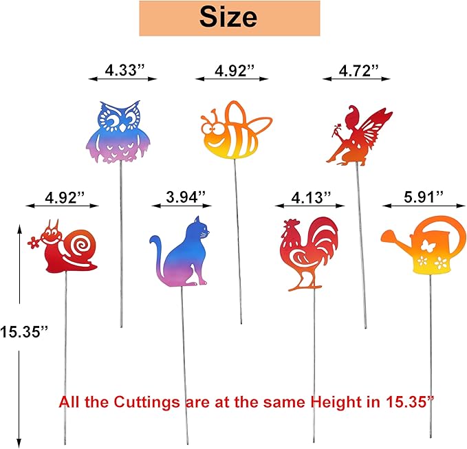 7PCS Metal Small Animal Decoration Stakes with Owl, Cat, Bee, Rooster, Snail, Fairy, and Flower Pot Designs - Hollow Out Silhouette Yard Art for Outdoor Patio Lawn Garden Decor