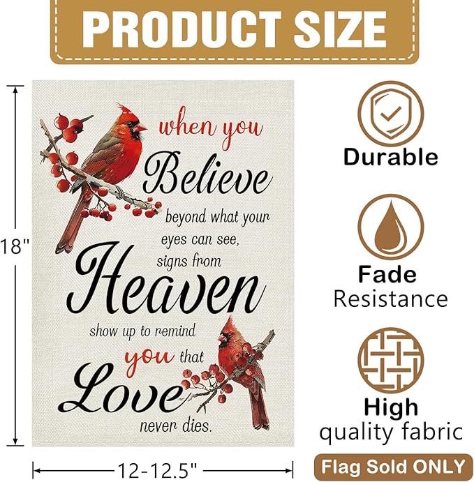 Dyrenson Memorial Cardinal Decorative Garden Flag, When You Believe Beyond What Your Eyes Can See Cemetery Yard Outside Home Decoration, Red Berry Burlap Outdoor Small Decor Double Sided 12 x 18