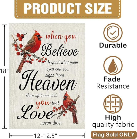 Dyrenson Memorial Cardinal Decorative Garden Flag, When You Believe Beyond What Your Eyes Can See Cemetery Yard Outside Home Decoration, Red Berry Burlap Outdoor Small Decor Double Sided 12 x 18