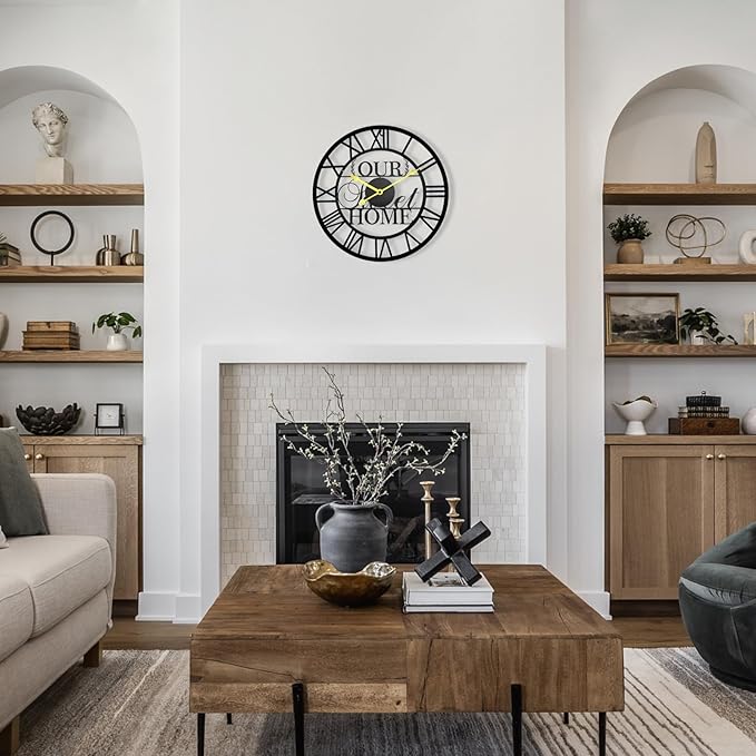 16 Inch Large Outdoor Clock, Modern Black Farmhouse Metal Roman Decorative Clock Above a Doorway, Silent Battery Operated Analog Wall Clock for Living Room, Kitchen, Office