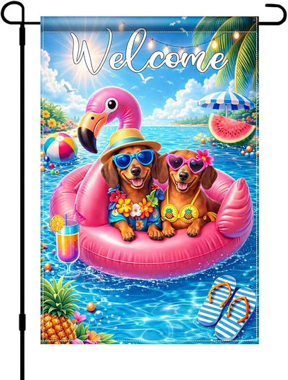 BlissYard Welcome Flamingo Pool Dog Garden Flag 12x18 Double Sided Vertical Outdoor Decor Labrador Retriever Summer Poolside Yard Garden Lawn Banner Bright Seasonal Display