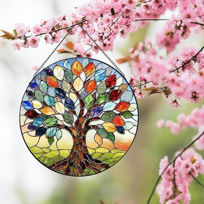 Stained Glass Window Hanging, Tree of Life Suncatcher for Window Doors Garden Home Decoration, Colorful Leaves Glass Panel Ornaments for Women,Men,Wife, Lovers, and Mom 7.8×7.8 in