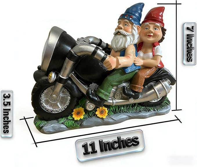 Cute Biker Gnome Couples Statue with Solar Lights - Biker Garden Gnomes Outdoor Funny Figurine - Solar Powered Motorcycle Statues Garden Ornament Art - Travel Gnome Figurine for Patio Yard Decor