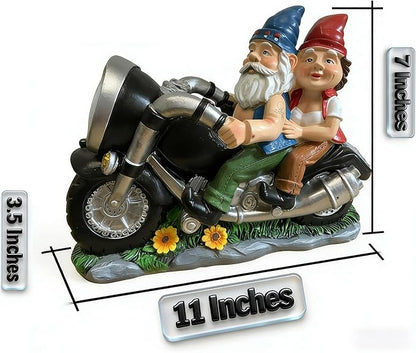 Cute Biker Gnome Couples Statue with Solar Lights - Biker Garden Gnomes Outdoor Funny Figurine - Solar Powered Motorcycle Statues Garden Ornament Art - Travel Gnome Figurine for Patio Yard Decor