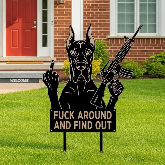F Around & Find Out Dog Sentry Metal Dogs Silhouette Garden Stake with Middle Finger &Weapon Sign, FAFO Security Sign Middle Finger Dog Statue Decor for Outdoor Yard Patio (Great Dane, 8 * 16")