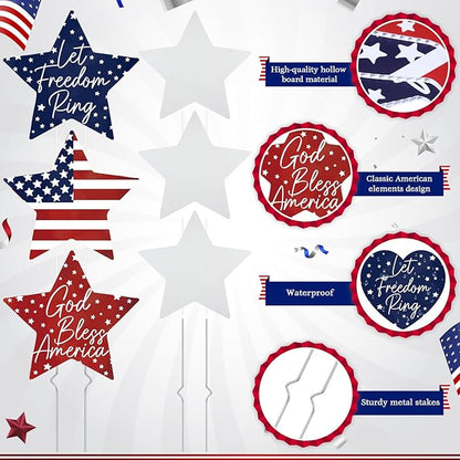 RattanView 6 Pack Outdoor 4th of July Yard Signs Stars and Heart Front Porch Decor with Stakes Red White Blue Lawn Sign Flower Pot for Garden Patio Lawn Independence Day Patriotic Party Decorations