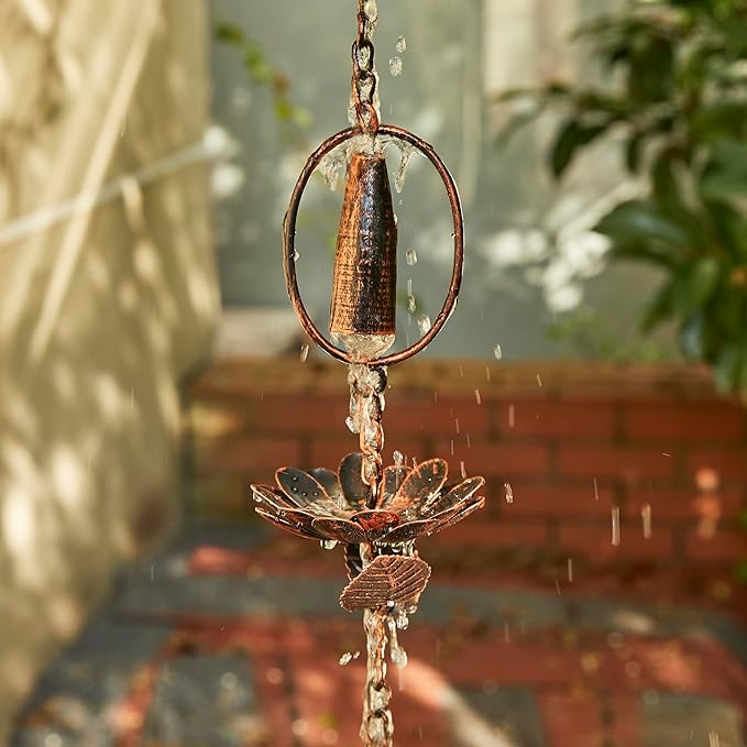 Glitzhome 8.5 FT Lotus Flower and Bell Rain Chains, Faux Copper Patina Finish Rain Chains for Gutters, Adjustable Rain Catcher Chain with V-Shaped Gutter