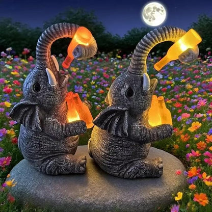 Solar Elephant Outdoor Statues for Garden Suitable for Courtyard Art Lawn Ornaments Porch Terrace Balcony Home - Birthday Gifts for Grandma Mom Women (Yellow Wine Bottle)