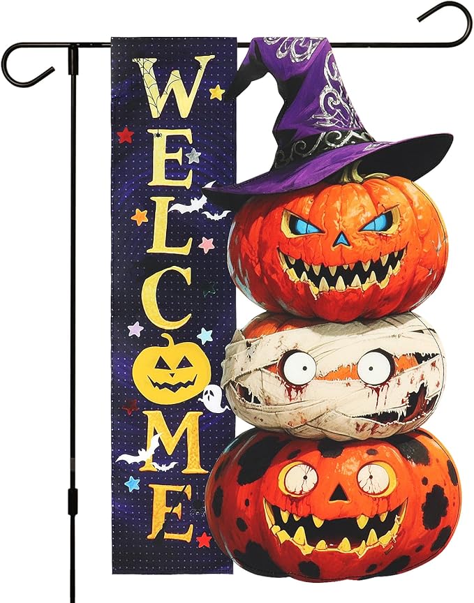 Halloween Pumpkin Monster Garden Flags 12x18 Inch Double Sided, Welcome Funny Small Yard Flags for Outside, Farmhouse Front Porch Outdoor Fall Decor Holiday All Seasons Decoration