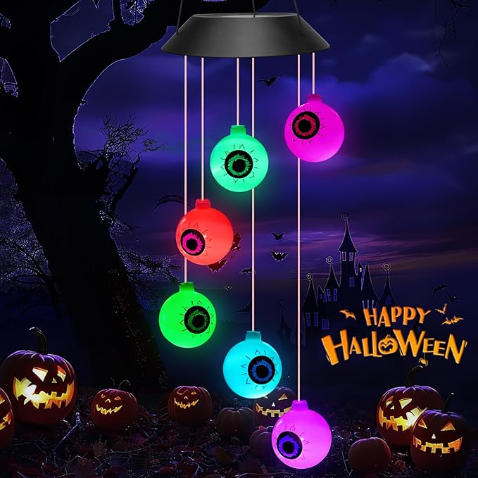 Winzwon Halloween Decorations Outside Solar Outdoor Lights Waterproof Eyeballs Wind Chimes for Party Yard Porch Patio Home Window Indoors Hanging Mobile Decor