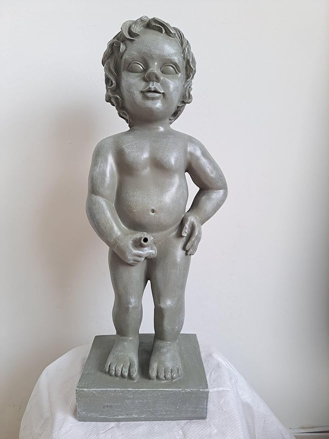 Classic Belgian Boy Design Statue Water Feature with Pump, Polyresin Stone Color Pond Spitter Fountain Sculpture, for Water Garden Koi Fish Ponds, Gardens, Patios, Fountain Centers or Pools
