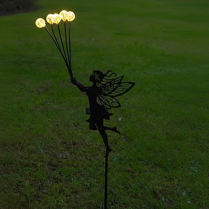 Solar Fairy Garden Stake - 5 Glowing Glass Crackle Orbs Metal Silhouette - Waterproof Outdoor Decorative Lights for Pathway, Yard, Patio - Unique Gardening Gifts for Women/Mom(Fairy)