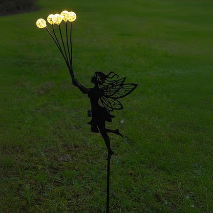Solar Fairy Garden Stake - 5 Glowing Glass Crackle Orbs Metal Silhouette - Waterproof Outdoor Decorative Lights for Pathway, Yard, Patio - Unique Gardening Gifts for Women/Mom(Fairy)