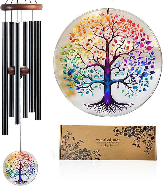 Tree of Life Wind Chimes for Outside, Deep Tone Outdoor Wind Chime with Colorful Wind Catcher, 6 Aluminum Tubes, Garden Porch Patio Decor, Memorial & Birthday Gift (32" Tree of Life)