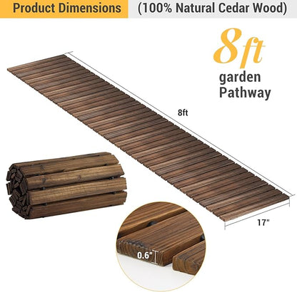 8FT Straight Wooden Garden Pathway Walkway Outdoor Roll Out Decorative Garden Non-Slip Patio Path Decorative Boardwalk Outdoor Road Floor for Backyard Beach Wedding Party