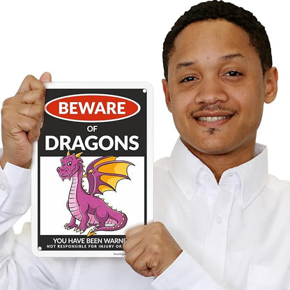 SmartSign Funny Beware Of Dragons Warning Sign - 10"x7", 40 mil Laminated Rust-free Aluminum - Metal Signs for Wall Decor, Outdoor, Patio, Gifts, Cafe - Dragon Theme, Made in USA