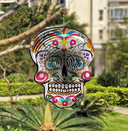 Fonmy Kinetic 3D Metal Garden Wind Spinner Unique Gifts Outdoor Decorations Quality Hanging Ornament for Home and Garden 12inch Mandala Silver Sugar Skull Wind Spinners