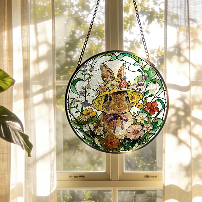 Spring Flower Easter Bunny Stained Glass Window Hanging, Rustic Wildflower Hat Rabbit Suncatcher Indoor Window Glass Round Wall Art Decor, 7.9x7.9 Inch