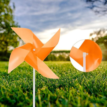 HARFINGTON 50pcs Windmills for The Yard Garden 15" x 7.5" 4 Leaves Pinwheels Wind Mills Spinners Windproof Waterproof Bird Devices with Stakes for Patio Decor, Orange