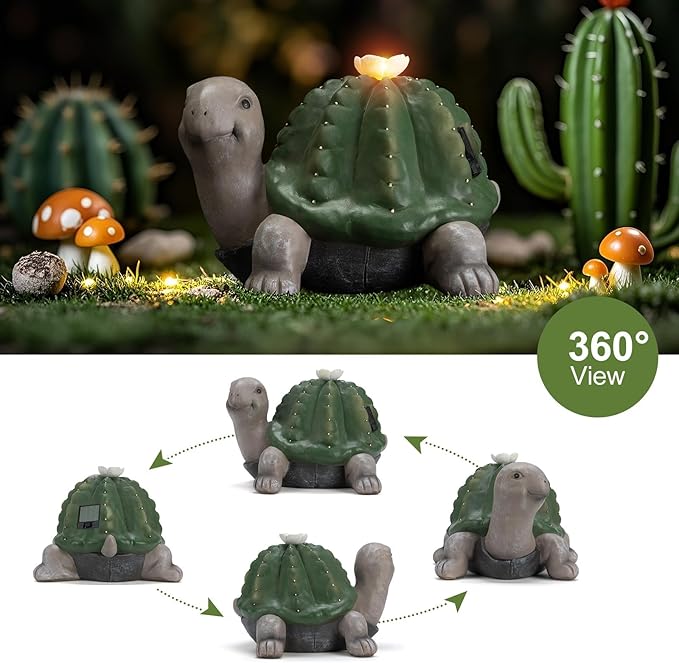 Etlemonde Solar Cactus Turtle Statue Garden Decor Light - Outdoor Decorative LED Flower, Suitable for Patio, Lawnand Garden Decorations, Gifts for Mom