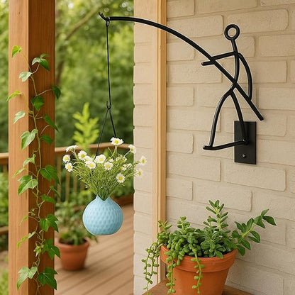Gute Fisherman Stick Man Plant Hanger, Creative Wall Mount Metal Decor Plant Holder for Balcony Garden Porch - 14" Black