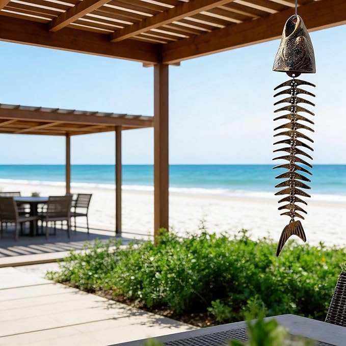 Fish Wind Chimes 1 Pack 15.75 Inch Cast Iron, Unique Design Corrosion-Resistant Durable, for Garden, Yard, Cabin, Outdoor, Beach & Camping Use