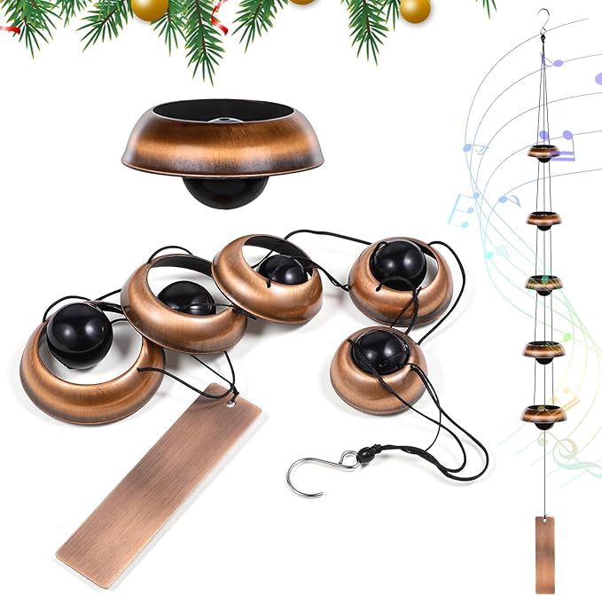 Copper Wind Chimes for Outside, 36'' Temple Windchimes with 5 Red Copper Bells, Feng Shui Wind Chime for Home Yard Outdoor Decoration, Memorial Winds Chime for Home Garden Zen Decor