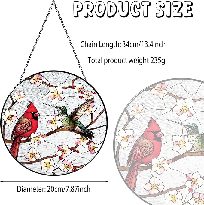 Cardinal&Hummingbird Stained Glass Window Hanging Birds Sun Catcher Cardinal Lover Gifts for Women Christmas Lovebirds Suncatchers for Garden Home Windows Hanging Decoration, 7.87inch