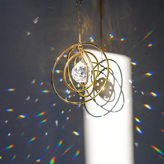 Suncatcher Crystal Galaxy, Window Hanging Rainbow Sun Catcher, Glass Ball Prism Sun Catcher with 4 Brass Circles